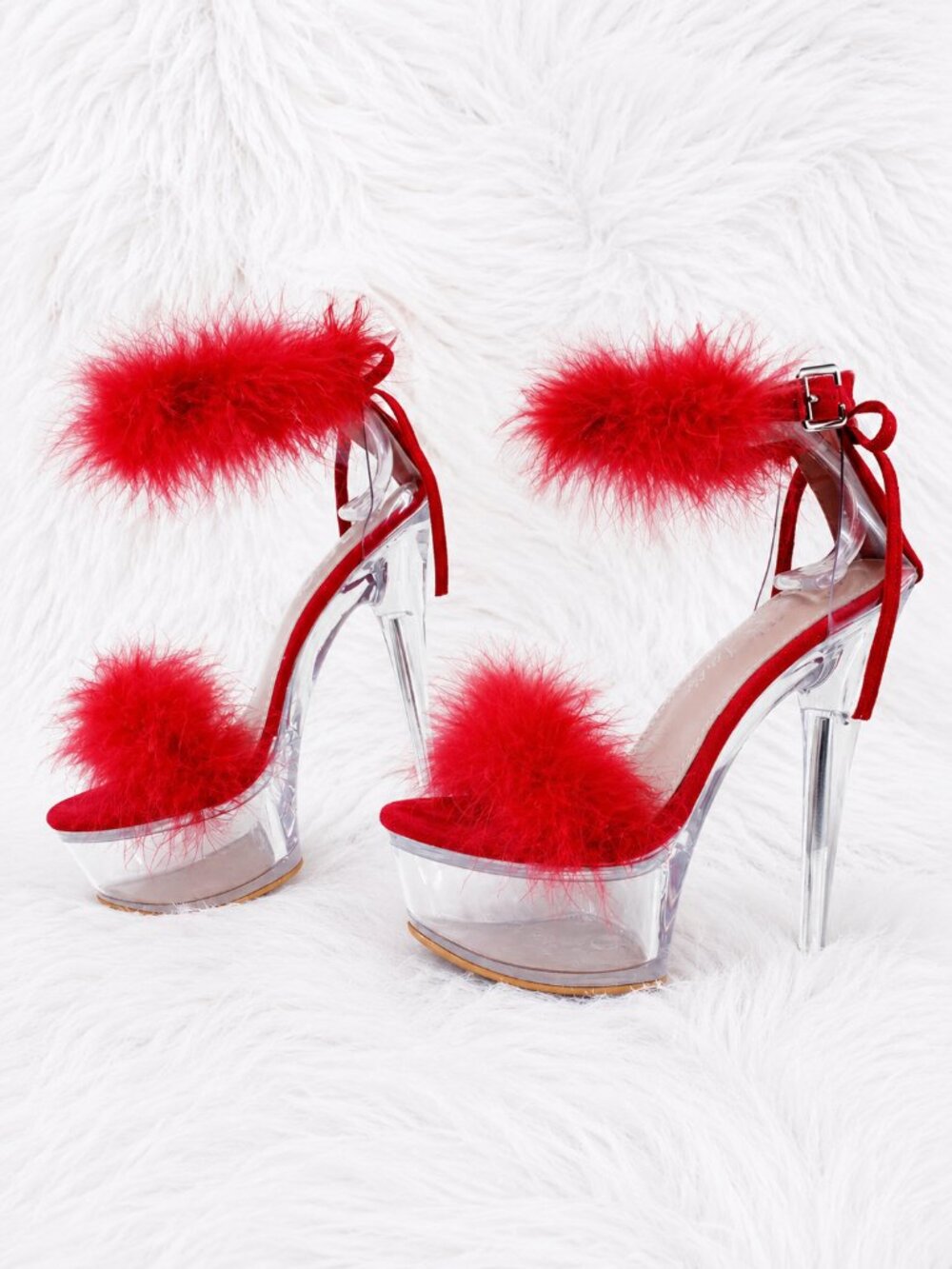 NIB Red Marabou Feather Platform Shoes Sandals 6" High Heel Sandals Shoes
